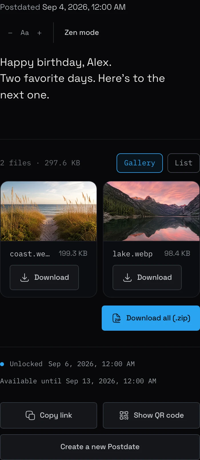 An opened birthday note to Alex, with coastal and mountain lake photos and download buttons.