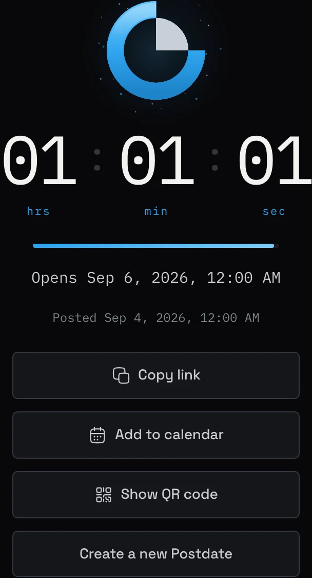 A Postdate countdown to midnight on September 6, before the birthday note opens.