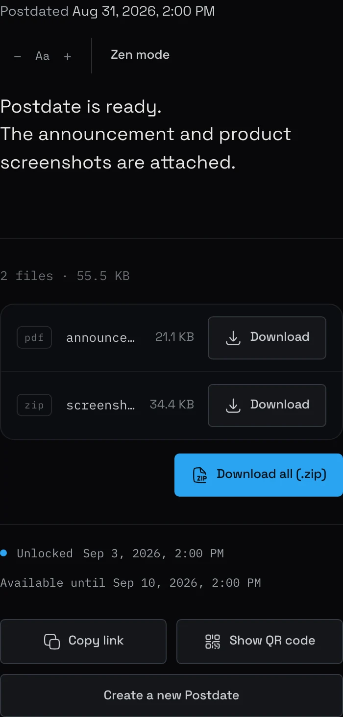 The opened Postdate with an announcement PDF and product screenshots ZIP.