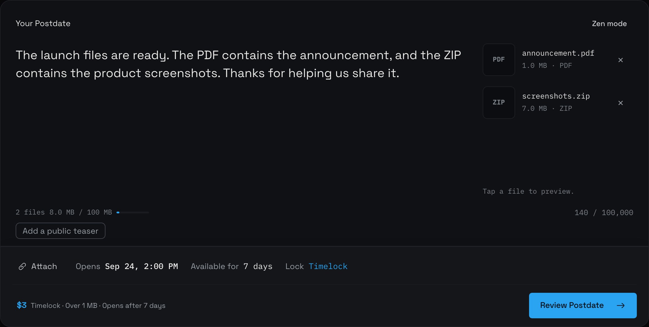 Postdate composer with announcement.pdf and screenshots.zip attached, September 24 at 2 PM selected, seven days of availability, and Timelock enabled.