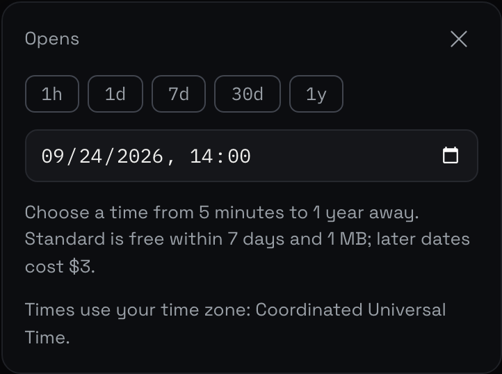 The Opens picker set to September 24, 2026 at 14:00, with Coordinated Universal Time displayed underneath.